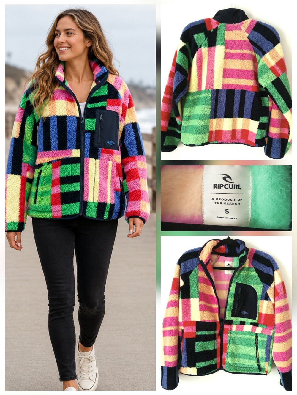 RIP CURL Colorful Geometric Sherpa Fleece Full-Zip Jacket Women's Size S
